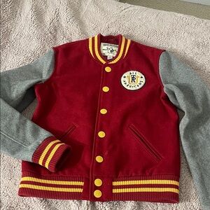 True Religion Red Varsity Jacket with Gray Sleeves and Yellow Trim